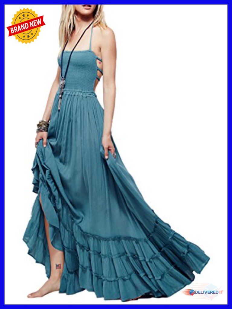 Boho Backless Maxi Dress With Halter Tie And Ruffle Hem